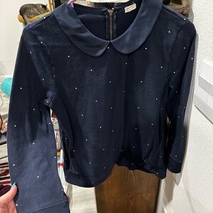 J. Crew Factory Small Printed Dot Peter Pan Collar Tee Top Navy Blue